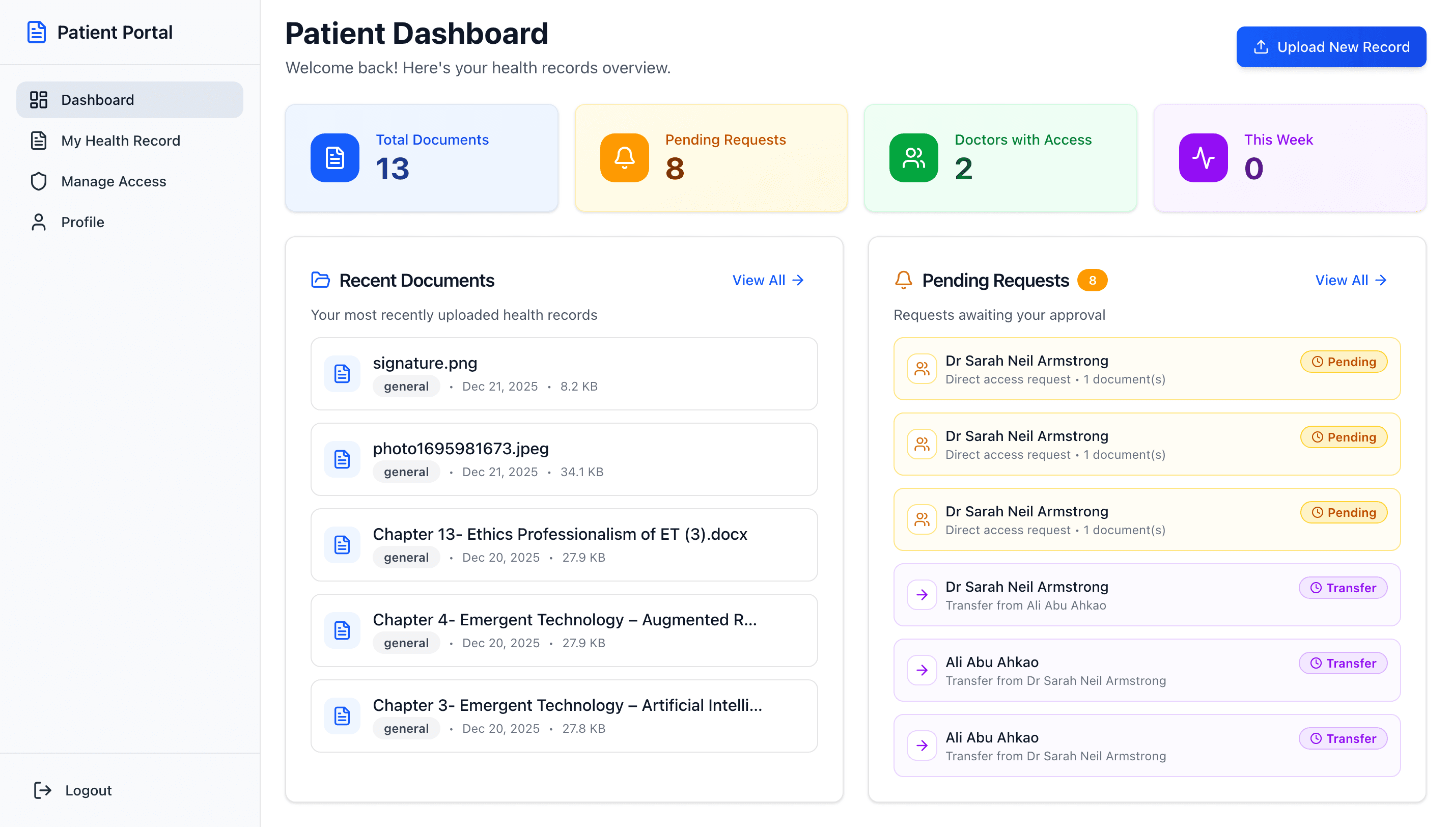 HealthChain Patient Dashboard - Secure health records management