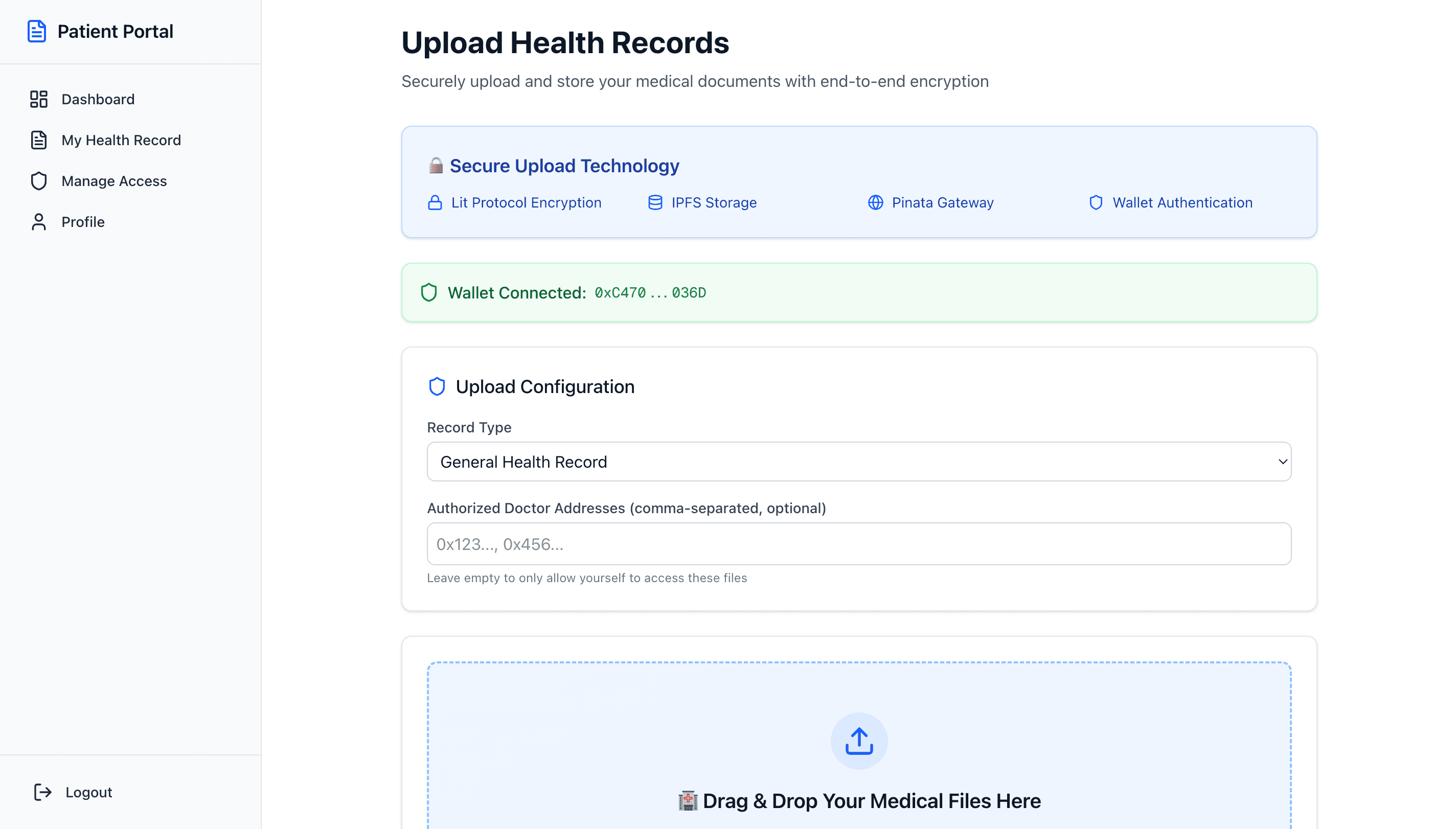 HealthChain Secure Upload - End-to-end encryption with Lit Protocol